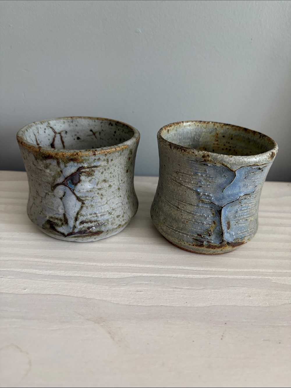Pair of Handmade & Signed Ceramic Double Espresso Mugs in Pale Gray and Blue